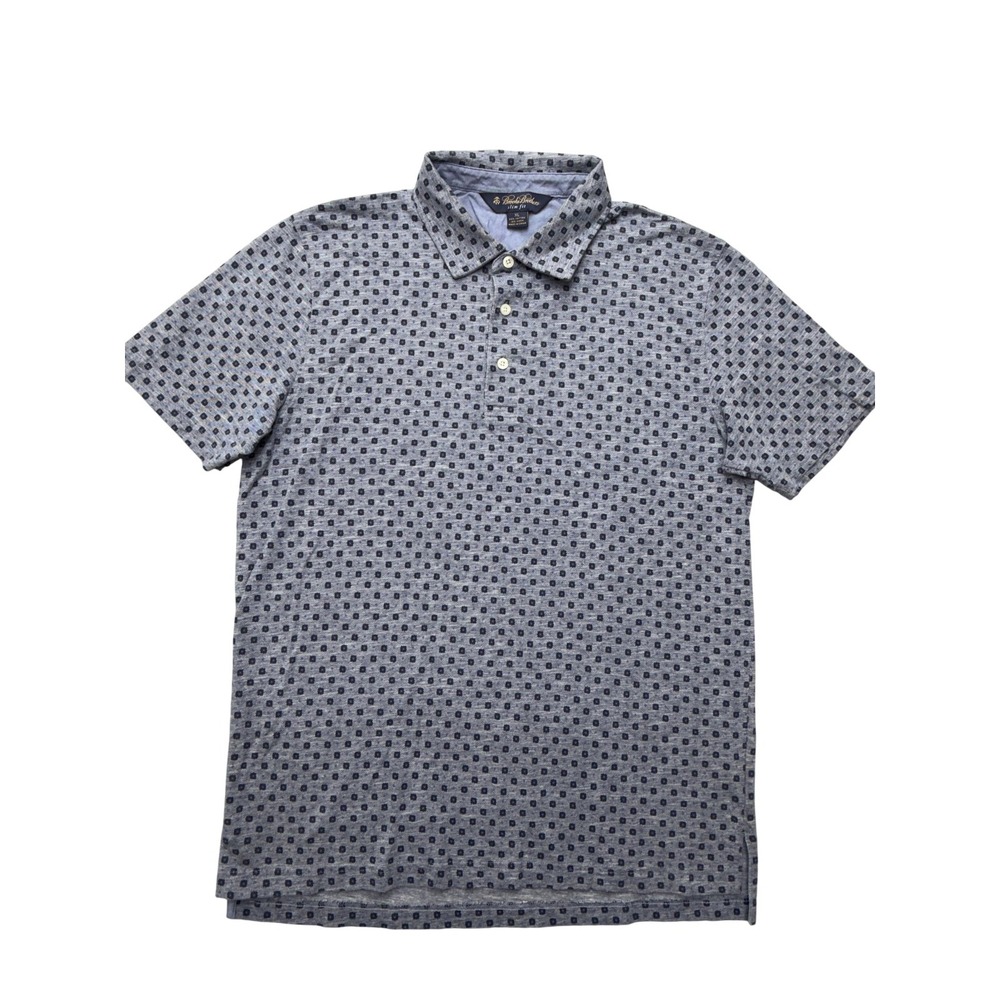Brooks Brothers Polo Shirt Mens XL Blue‎ Slim Fit Cotton Linen Geometric Pattern